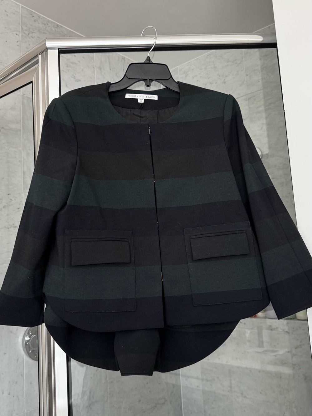 Veronica Beard Striped Navy, Gray & Dark Green Cropped High-Low Blazer